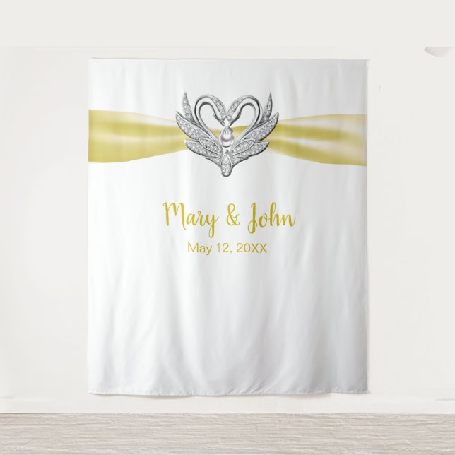Tapete De Parede Cisnes de Prata com Faixa Amarela Fundo de Casamen (Frente)
