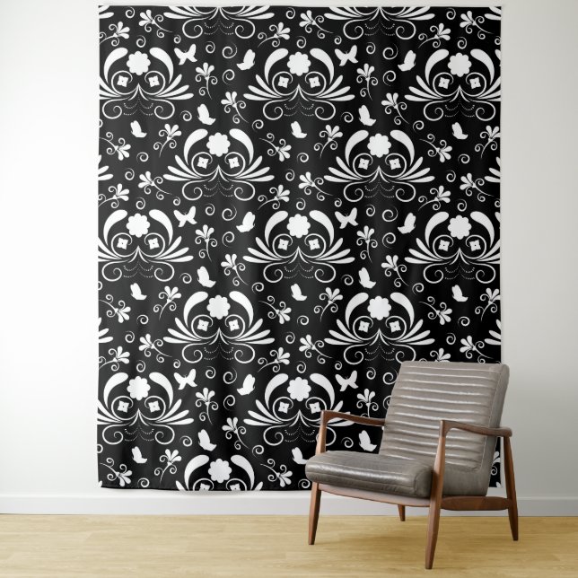 Tapete De Parede Classic Black and White Damask Flourish Butterfly (In Situ)