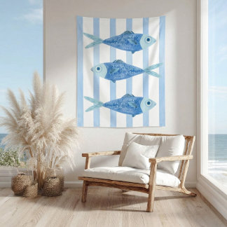 Tapete De Parede Coastal Blue Sardines Striped 