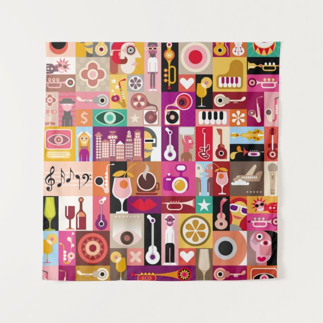 Tapete De Parede Colagem de arte, ilustração musical da safra. Patc (Frente)