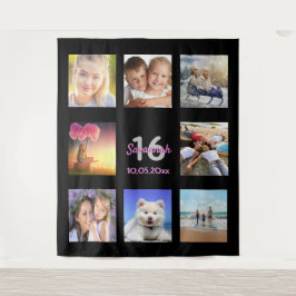Tapete De Parede Colagem de fotos do 16º aniversário preto e rosa