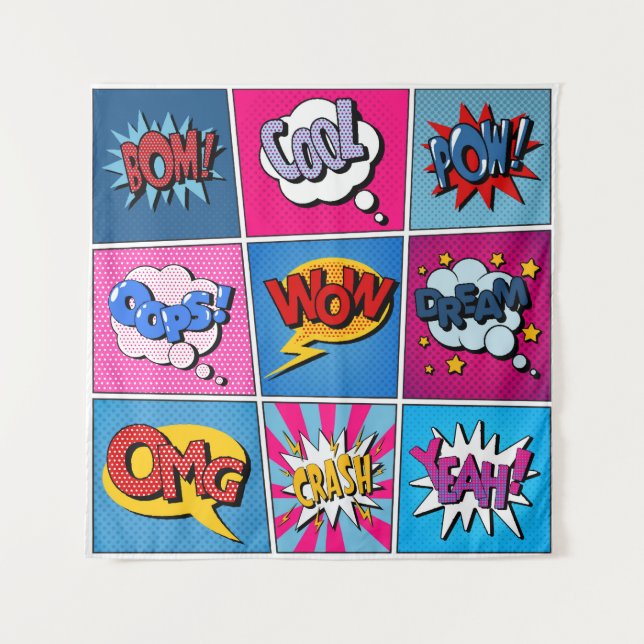 Tapete De Parede Comic Bubbles Set. Expressões Bom, Legal, Poa, Oop (Frente)