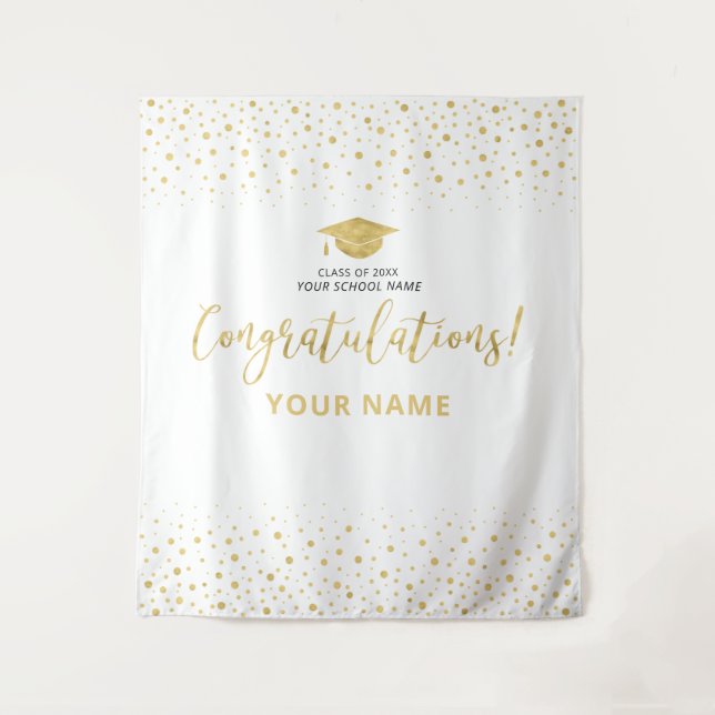 Tapete De Parede Confete Dourado e Branco | Formatura Parabéns (Frente)