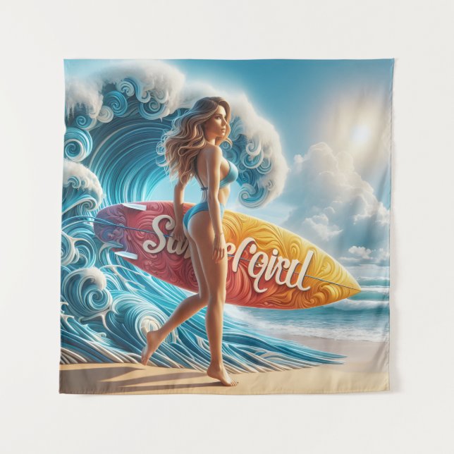 Tapete De Parede Confident Surfer Girl Walking Beach Waves Art (Frente)