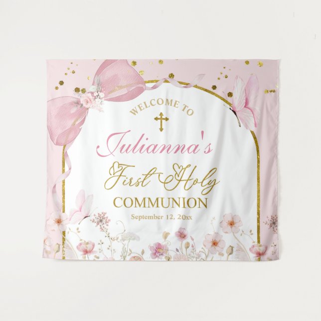 Tapete De Parede Coquette Blush Pink Butterfly First Holy Communion (Frente (Horizontal))