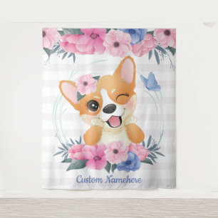 Tapete De Parede Corgi Cachorro Cachorro Flor Vermelhidão Borboleta