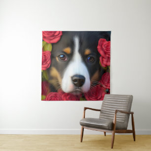 Tapete De Parede Corgi Puppy em rosas vermelhas