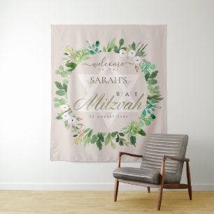 TAPETE DE PAREDE COROA DE FOLHAGEM ROSA CORAL ESTRELA BAT MITZVAH B