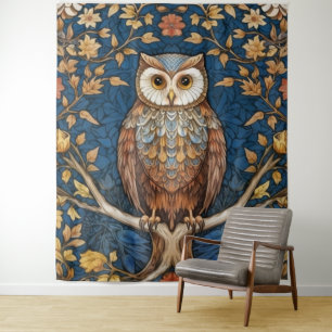 Tapete De Parede Coruja em uma galeria azul de fundo art nouveau