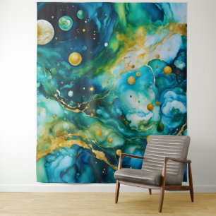 Tapete De Parede Cosmos Dourado de Álcool Verde Azul
