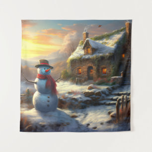 Tapete De Parede Cozy Christmas Cottage & Snowman Vintage Winter