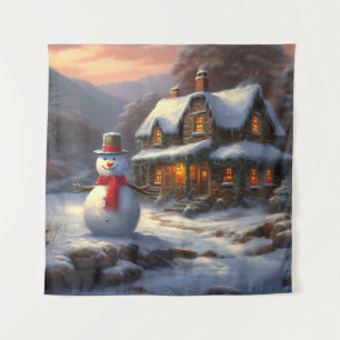 Tapete De Parede Cozy Christmas Cottage & Snowman Vintage Winter