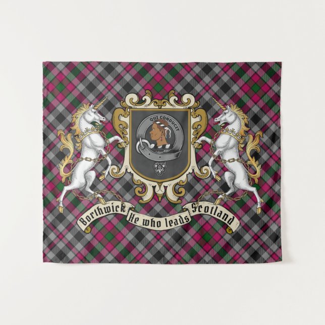 Tapete De Parede Crachá Borthwick Clan & Unicorns w/Tartan (Frente (Horizontal))