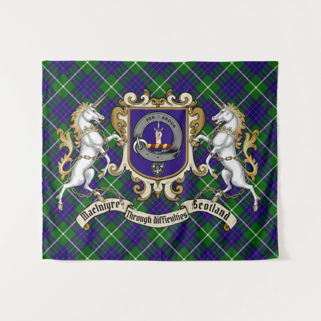 Tapete De Parede Crachá de clã MacIntyre & Unicorns w/Tartan (Frente (Horizontal))