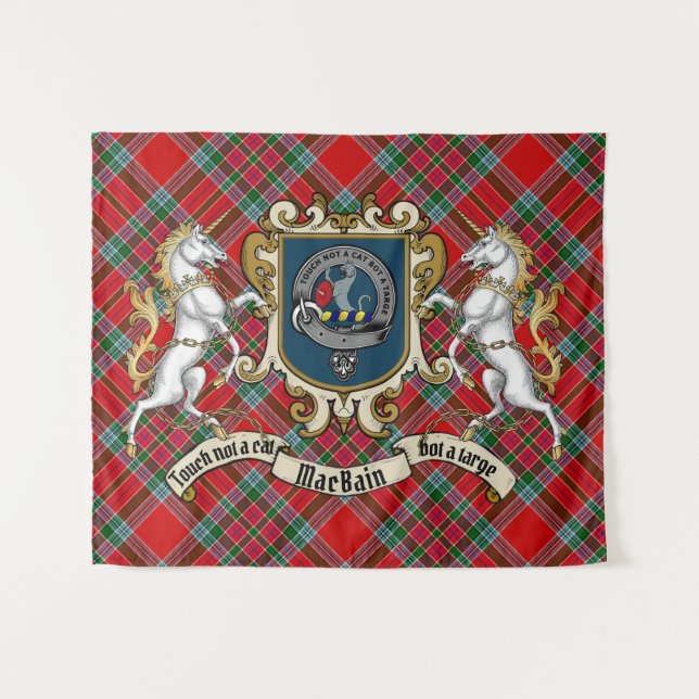 Tapete De Parede Crachá do MacBain Clan e Unicórns com Tartan (Frente (Horizontal))