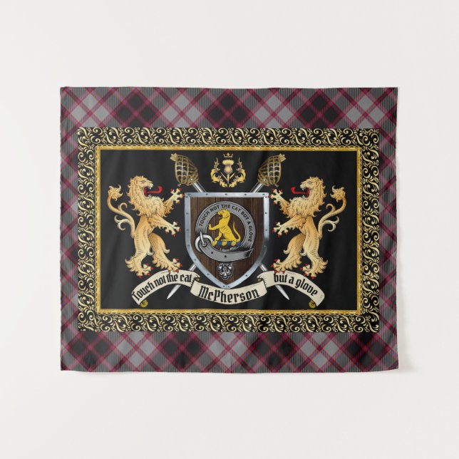 Tapete De Parede Crachá e Motto McPherson Clan com Leões (Frente (Horizontal))