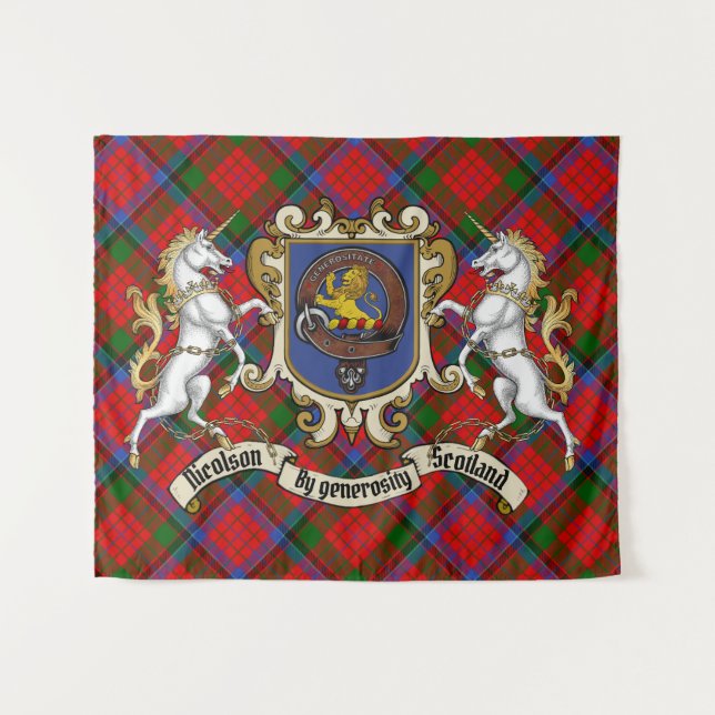 Tapete De Parede Crachá Nicolson Clan e Unicórns com Tartan (Frente (Horizontal))