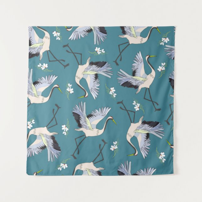 Tapete De Parede crane, pattern, illustration flying bird flower (Frente)