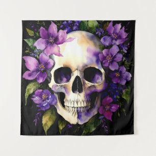 Tapete De Parede Crânio Com Flores Roxas Gótico Aquarela Arte