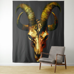 Tapete De Parede Cranio Dourado de Chifres - Arte Sombria