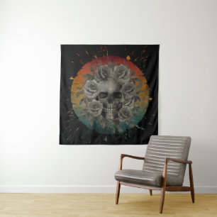 TAPETE DE PAREDE CRÂNIO VINTAGE E FLORES PRETO E BRANCO