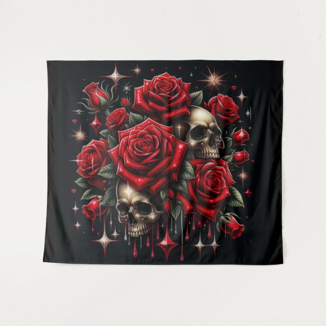 Tapete De Parede Crânios Dourados & Rosas Vermelhas Brilham com Gla (Frente (Horizontal))