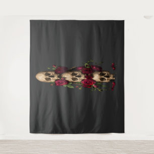 Tapete De Parede Crânios Góticos em Pixel Arte com Rosas Vermelhas 