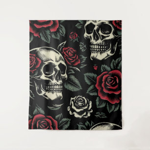 Tapete De Parede Crânios & Rosas Vermelhas Floral Gótico