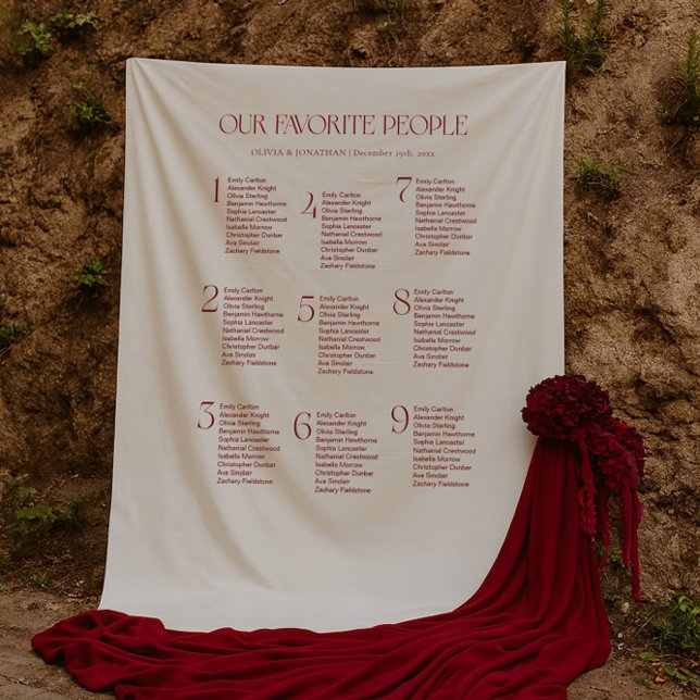 Tapete De Parede Cream and Maroon Wedding Seating Chart Fabric (Criador carregado)