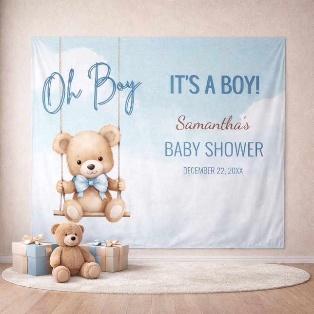 Tapete De Parede Criança Menino Chuveiro de Bebê Urso Fundo (Close-up of teddy bear baby shower backdrop showing name and event details)
