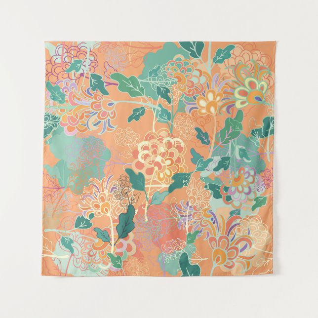 Tapete De Parede crisântemo chinês: padrão laranja floral. (Frente)