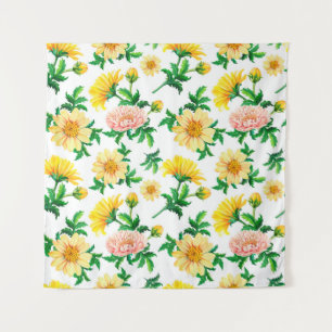 Tapete De Parede Crisântemos em aquarela. Flores amarelas com ver