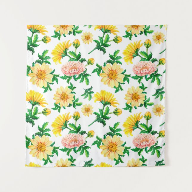 Tapete De Parede Crisântemos em aquarela. Flores amarelas com ver (Frente)