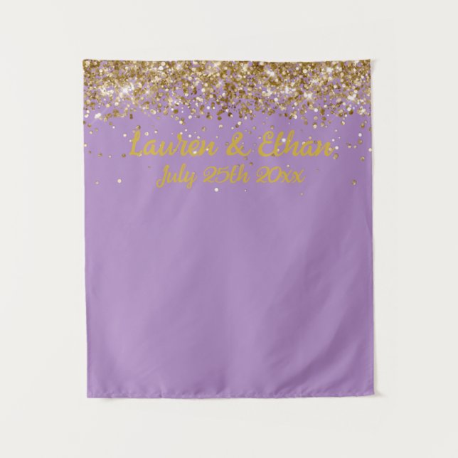 Tapete De Parede Custom Lavender & Gold Glitter Wedding Photo Booth (Frente)