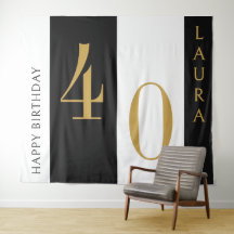 Custom Name & Age Banner Black Gold White Birthday