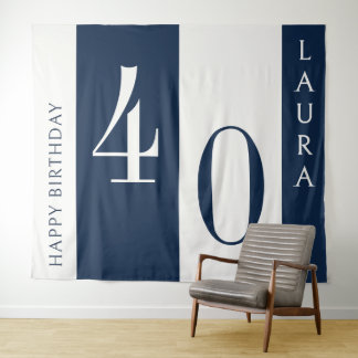 Tapete De Parede Custom Name & Age Banner, Navy and White Birthday