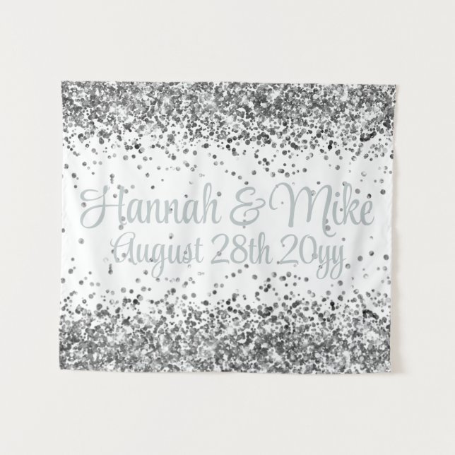 Tapete De Parede Custom White & Silver Glitter Wedding Photo Booth (Frente (Horizontal))