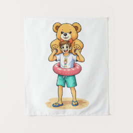 Tapete De Parede Cute Cartoon Man with Giant Teddy Bear Summer Fun