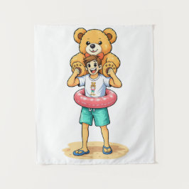 Tapete De Parede Cute Cartoon Man with Giant Teddy Bear Summer Fun