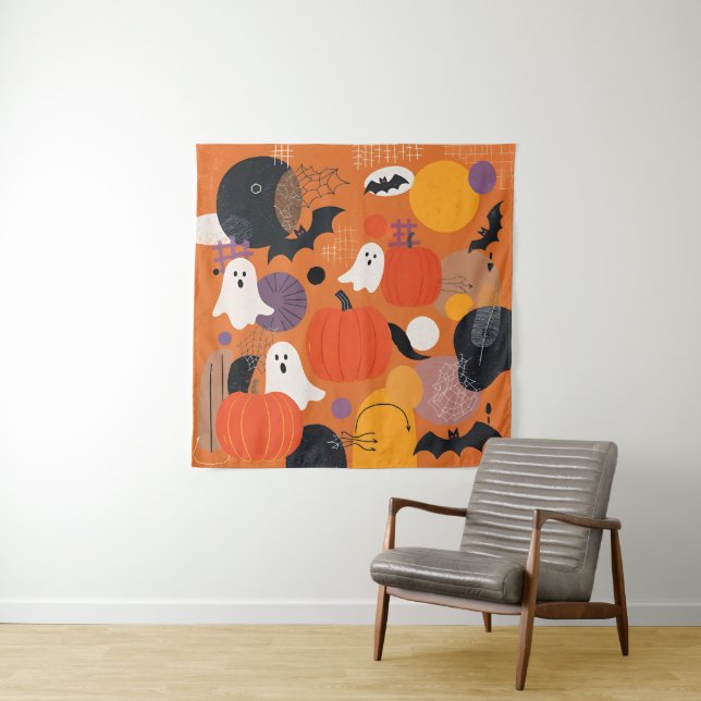 Tapete De Parede Cute Halloween Pumpkins and Ghosts (In Situ)