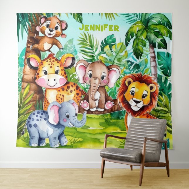 Tapete De Parede Cute Kids Safari Selva Animal Personalizado Nome (In Situ (Horizontal))