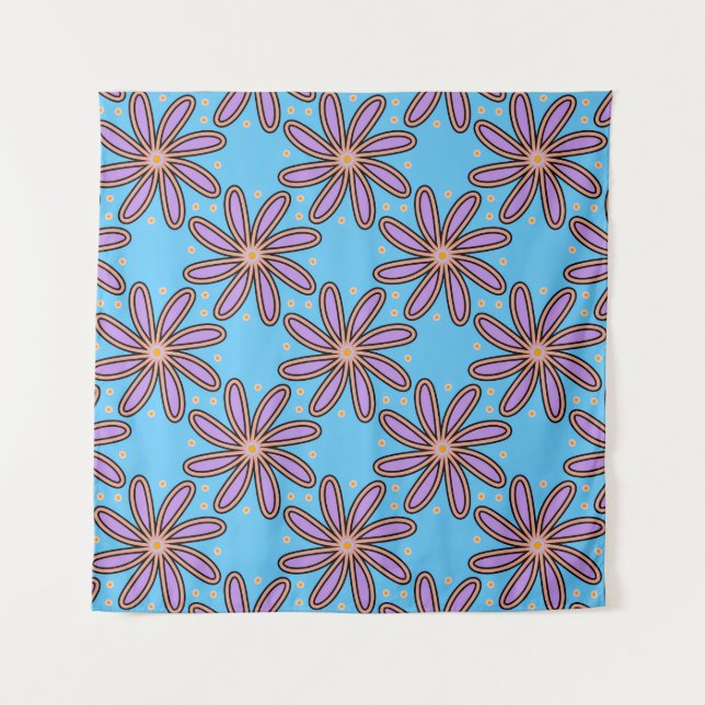 Tapete De Parede Cute Purple Daisies On Blue (Frente)