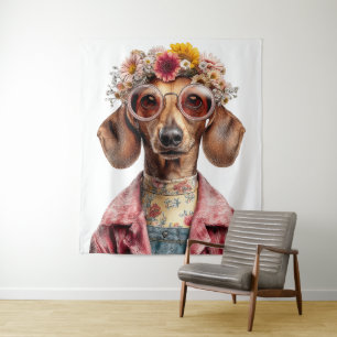 Tapete De Parede Dachshund Floral com Estilo Vintage