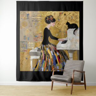 Tapete De Parede Dama do Piano Klimt Dourado com Gato Preto