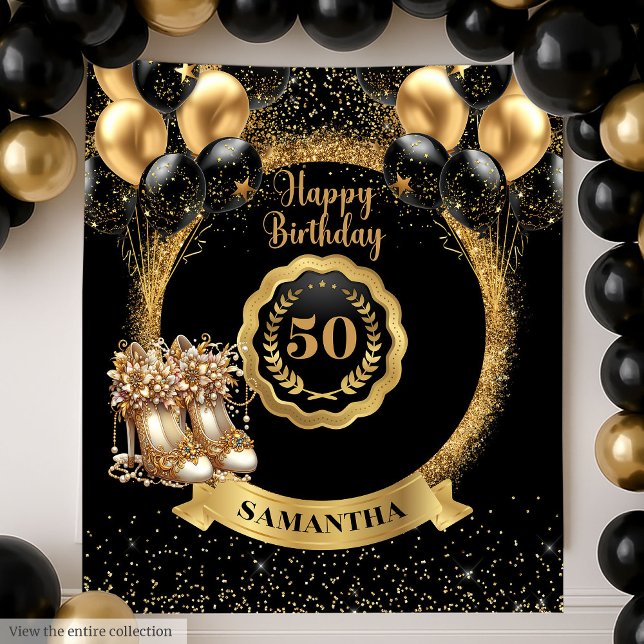 Tapete De Parede Decoração de 50º Aniversário do Dourado Alto Salto (Sparkling Gold High Heels 50th Birthday Decor Tapestry)