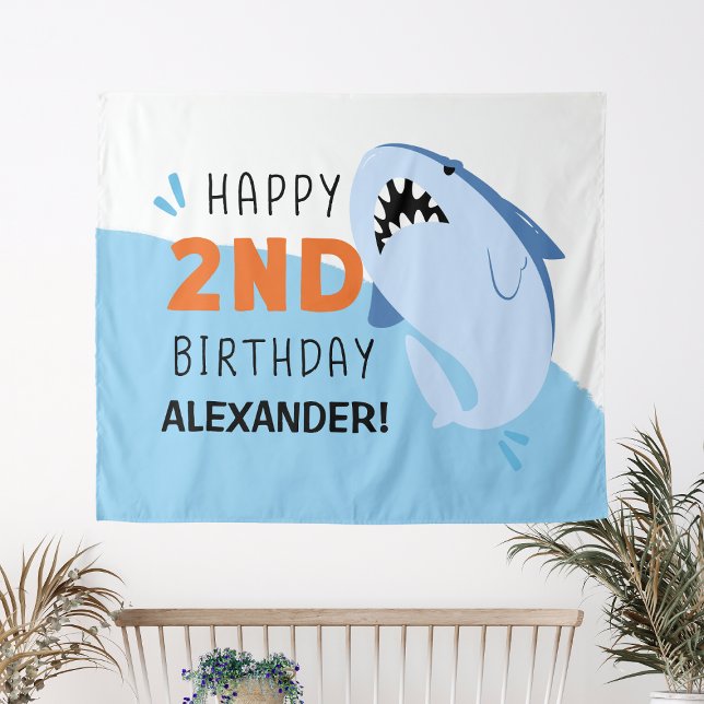 Tapete De Parede Decoração personalizada de aniversário de 2 anos d (Kids 2nd Shark Birthday Party Custom Backdrop Boy
)
