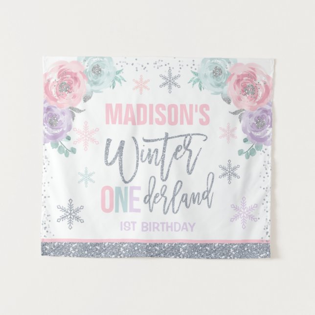 Tapete De Parede Decorações de Aniversário de 1 Ano Rosa Winter ONE (Frente (Horizontal))