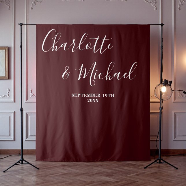 Tapete De Parede Deep Burgundy Script Minimalist Wedding Backdrop (Criador carregado)