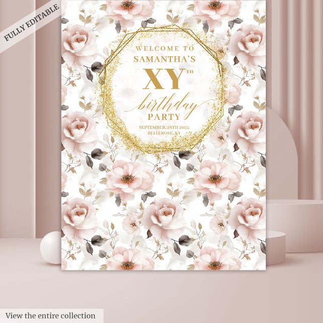 Tapete De Parede Delicioso Estúdio Fotográfico de Aniversário com F (Delightful Dusty Pink Floral Birthday Photo Booth Tapestry)