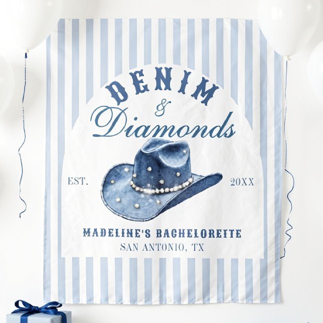 Tapete De Parede Denim e Diamantes Bachelorette Cowgirl (denim diamonds bachelorette backdrop photo booth hand drawn cowgirl hat blue white stripes)